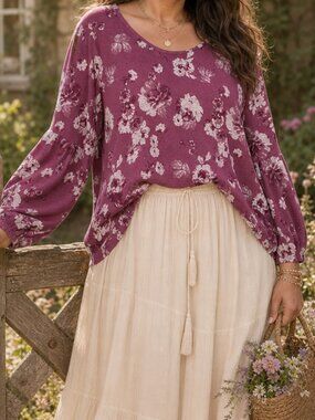 Loralette Romantic Girly Purple 1X Floral Bubble Sleeve Sweater top